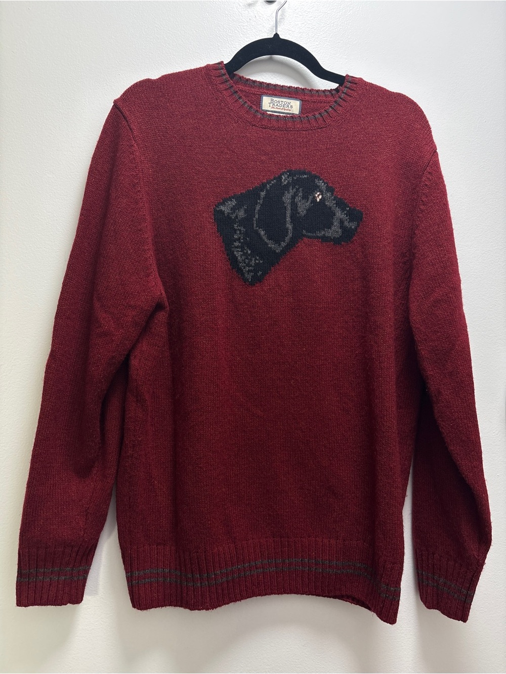Boston Traders Crewneck Sweater Black Dog Intarsia Wool Blend Fisherman Cabin